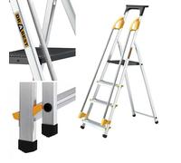 DRABEST Escalera serie PRO escalón plegable de aluminio 4 peldaños Escalera plegable con pasamanos de seguridad con capacidad de carga de hasta 150 kg