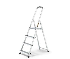DRABEST Inicio Escalera de Aluminio de 4 Peldaños - Construcción Robusta, Diseño Seguro, Capacidad 125 Kg - Construcción Robusta - Pies Antideslizantes - Pasamanos de 60 cm - 0,43 x 1,45 x 0,75 m