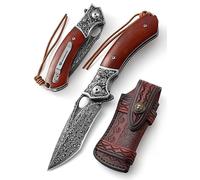 DRACHENADER Acero de Damasco de de un solo filo navaja de bolsillo con funda de cuero hermoso, cuchillo plegable al aire libre VG10 Kern mango de madera de regalo