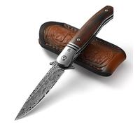 DRACHENADER Cuchillo CHEETAH DAMASCUS, Acero Damasco VG10 (67 Capas), Mango de Madera con Clip Portátil, Herramienta Manual Ideal para Camping, Aire Libre y Uso Diario