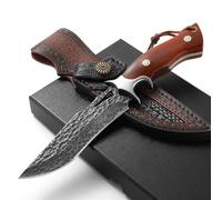 DRACHENADER cuchillo de damasco cuchillo de caza al aire libre cuchillo de damasco mango de madera con funda de cuero genuino, forjado a mano de acero damasco genuino cuchillo de supervivencia fija