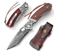 DRACHENADER Navaja Damasco, Navaja Plegable (Liner Lock) de acero damasco, Legal en Alemania, con funda de cuero, clip para bolsillo y mango de madera