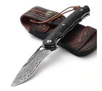 DRACHENADER navaja de bolsillo Damasco Elegante con funda de cuero, delgada Vg10 navaja de bolsillo a una mano decon clip y mango de ébano, negro