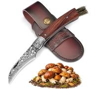 DRACHENADER Navaja para Setas con Cepillo Integrado, Navaja de Setas de Acero Damasco VG10 de 67 Capas Forjada a Mano, Liner Lock, Apertura a Dos Manos, Funda de Cuero y Mango de Madera