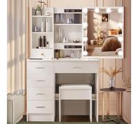 Dradaomull Tocador con espejo y 10 luces LED, tocador con 6 cajones y 3 compartimentos abiertos, 3 niveles de iluminación ajustables