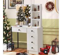 Dradaomull Tocador con iluminación LED y espejo, 10 bombillas regulables, 5 cajones, 3 colores de luz ajustables, rieles deslizantes sin herramientas y estantes abiertos (2)