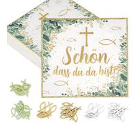 Drado 40 Servilletas Papel, Servilletas Decoupage, “Schön Dass Du Da Bist”Con 45 Pequeños Peces de Madera, Decoración de Bautizo, Decoración de Mesa Para Otros Festivales (33 * 33 cm)