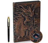 Dragón 3D Vintage Diario + Juego de bolígrafos, cuaderno A5 a rayas, organizador personal DND diario cuaderno planificador de cuadernos, mujeres, adultos y niños (RedBronze)