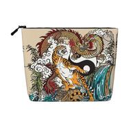 Dragon and Tiger - Organizador de cosméticos grande de cáñamo falso, resistente al agua, bolsa con cremallera para viajes diarios