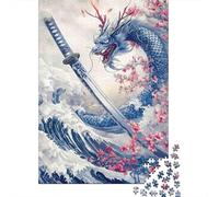 Dragón Azul Espada Japonesa Puzzle de 1000 Piezas Puzzle para Adultos Papel Mar Juego de Puzzle 1000 Piezas Relajación Decoración Hogar 38x26cm/1000pcs