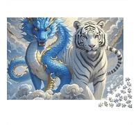 Dragón Azul y Tigre Blanco Rompecabezas Difícil 1000 Piezas Adultos Dragón Azul Tigre Blanco Nubes Luna Premium Grueso Resistente Vibrante Alivio Estrés Juego 38x26cm/1000pcs