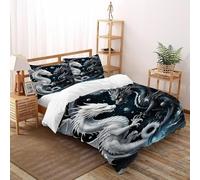 Dragón Blanco Negro Funda Nordica Algodon 3 Piezas con Impresión En 3D Animal Theme Wildlife con 2 Fundas De Almohada Double（200x200cm） 100% Microfibra Ropa De Cama