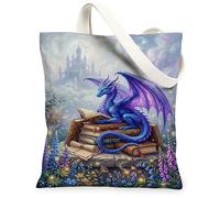Dragon - Bolsa de lona para mujer, diseño de castillo de fantasía, color azul, lavable, reutilizable, ideas para compras, viajes, oficina, biblioteca, casual, 13 x 15 pulgadas