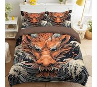 Dragón chino Olas Cielo estrellado Fundas para edredon Oriental Tradicional Fantasía Funda Nordica, Acuarela Ilustración Funda de Almohada 180 x 220 Funda Nordica Suave Marrón für Niñas & Niños