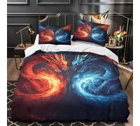 Dragón de fuego 3D Impresión Funda de edredón 3pz Microfibra hipoalergénica Criatura mítica de fantasía Edredón funda 2 fundas cremallera oculta Decoración habitación parejas Double（200x200cm）