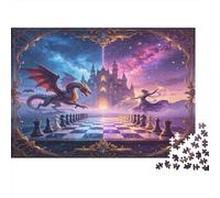 Dragón Fantasía y Mago Puzzle de 1000 Piezas Papel para Adultos Castillo Encantado Noche Tablero de Ajedrez Relajación Familiar Decorativo 38x26cm/1000pcs