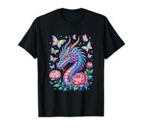 Dragón Flores Mariposas Hermoso Arte Colorido Fantasía Camiseta