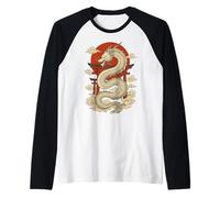 Dragón Japonés Blanco Torii Sol Nubes Bestia Mítica Camiseta Manga Raglan