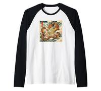 Dragón japonés Comiendo Ramen - Ukiyo-e Art Aesthetic Camiseta Manga Raglan