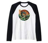 Dragón japonés La gran ola de Kanagawa Kanji Japón arte Camiseta Manga Raglan