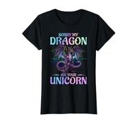 Dragón Lo Siento, mi dragón se comió tu Unicornio Camiseta gráfica económica, Mujer, Negro, XL