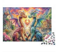 Dragon Love Paperboard Two Dragons with Heart Over Village Classic Jigsaw Puzzle Collectible Secret Santa Gift 52x38cm/1000pcs