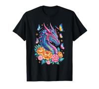 Dragón Mítico Acuarela Flores Hermoso Arte Colorido Camiseta