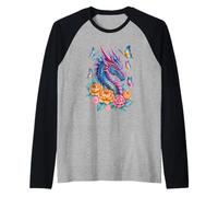 Dragón Mítico Acuarela Flores Hermoso Arte Colorido Camiseta Manga Raglan