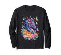 Dragón Mítico Acuarela Flores Hermoso Arte Colorido Manga Larga