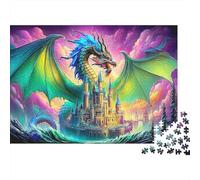 Dragon Phoenix Heavyweight Paper Green Dragon Over Castle with Rainbow Jigsaw Puzzle for Seniors Relaxing Secret Santa Gift 38x26cm/1000pcs