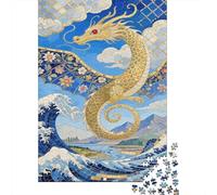 Dragón Puzzle De 1000 Piezas The Yellow Dragón Above The Ocean Waves Rompecabezas para Adultos De Madera para Adultos Juego Entretenimiento Creativo 1000pcs (75x50cm)