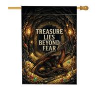 Dragon Treasure - Bandera de casa con cita de fantasía (71 x 101 cm) | Tema de fantasía, bandera de césped, tesoro de tesoros, fondo de cueva de piedra, iluminación de antorcha, decoración gótica