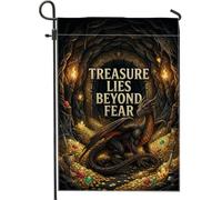 Dragon Treasure Fantasy - Bandera de jardín de 12 x 18 pulgadas | Tema de fantasía, bandera de césped, tesoro de tesoros, fondo de cueva de piedra, iluminación de antorcha, decoración gótica