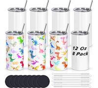 Draheri Vasos de sublimación de 12 onzas a granel, vasos de sublimación para niños con popote y cepillo, tazas aisladas de doble pared de acero inoxidable, en caja individual (paquete de 8)