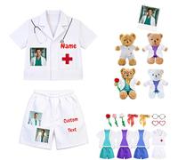 DRAJOIN Ropa Personalizada Oso Peluche Médico con Uniforme Pantalón Y Bata Blanca, Apto para Peluches 20-40cm con Foto Nombre para Estudiantes De Medicina Y Simulación Profesional Infantil