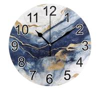 Drak - Reloj de pared de mármol dorado azul sin tictac, reloj de cocina, funciona con pilas, redondo, decorativo, para sala de estar, dormitorio, baño, oficina en casa