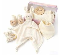 DRAKEWOOD Beige 6 en 1 Canastilla Bebe Recien Nacido Unisex con Toalla Baño Babero Triangular Calcetines Sonajero Tarjetas de Hitos y Mantita de Apego Gato - Set de Regalo Nacimiento para Niña Niño