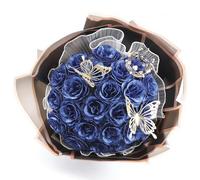 DRAKEWOOD Ramo de Rosas Azules con Purpurina con 24 Piezas Rosas Artificiales azules Mariposa Corona y Tarjetas- Ramo de Flores Brillantes para San Valentín Compromiso Boda Aniversario día de la Madre
