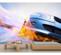 Dramático mural de coche y llamas - Papel tapiz de arte industrial de alto impacto para decoración de salón y dormitorio 150x105cm (No es autoadhesivo)