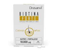 Drasanvi Biotina Forte 10.000 µg | Biotina para el Cabello, Piel y Uñas con Zinc y Hierro | Alta Potencia 20.000% VRN | 45 Comprimidos | Vegano