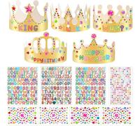 Draupnir 15 Piezas Coronas de Papel Doradas, 5 Piezas Pegatinas Diamantes Imitación y 6 Piezas Número Alfabeto Pegatinas, DIY Sombrero de Corona Kit para Fiestas de Cumpleaños