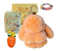 Drbrrly Easter Bunny Keychain with Tin Box & Carrot Keychain, Handmade Soft Bunny Charms Plush Rabbit Keyring, Cute Fluffy Pompom Bag Charm Pendant for Women Girls, Birthday Gift (G)