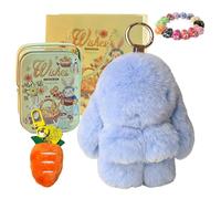 Drbrrly Easter Bunny Keychain with Tin Box & Carrot Keychain, Handmade Soft Bunny Charms Plush Rabbit Keyring, Cute Fluffy Pompom Bag Charm Pendant for Women Girls, Birthday Gift (O)