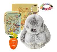 Drbrrly Easter Bunny Keychain with Tin Box & Carrot Keychain, Handmade Soft Bunny Charms Plush Rabbit Keyring, Cute Fluffy Pompom Bag Charm Pendant for Women Girls, Birthday Gift (C)
