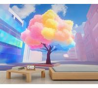 Dream City - Papel pintado con escena de árbol de fantasía, mural de pared cuadrado de ciudad, papel tapiz gigante 3D, escala comercial, cafetería, salón galería (no autoadhesivo)
