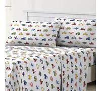 dream FACTORY Juego de sábanas de Microfibra Ligera para niños, súper Suaves, fáciles de Lavar, acogedoras, Bolsillo de 10 Pulgadas, tamaño Individual, Color Azul, Camiones, Tractores y Coches