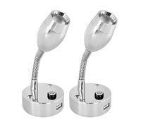 Dream Lighting 2 X Luz de Lectura Autocaravana 12v - Diseño Cromado Doble Color Luz Cálida y Azul - Lampara Lectura Flexible Cuello de Cisne con USB para Caravana Camper Furgoneta Barco