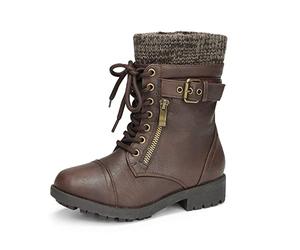 DREAM PAIRS Botas de combate a media pantorrilla con cordones para niña, Marrón, 4 Big Kid