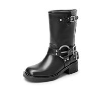 DREAM PAIRS Botas de Media Caña para Mujer Botas de Moto de Punta Cuadrada con Hebillas de Tacon Ancho,Size 40.5,Negro,SDMB2405W