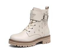 DREAM PAIRS Botas de otoño para niñas y jóvenes, botas de invierno a la moda, con cordones, zapatos medianos cálidos con forro, Beige Pu, 35 EU